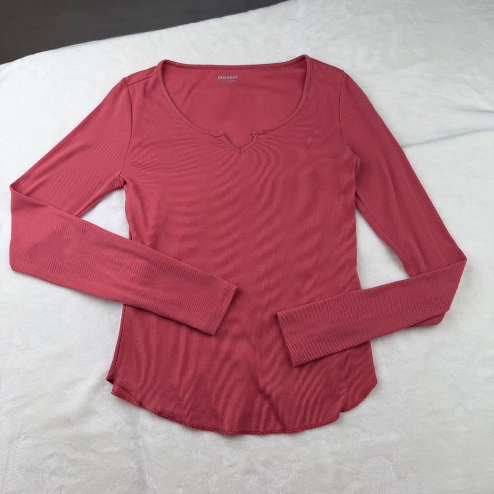 Old Navy Long Sleeve Top Split Neck Ribbed Knit Curved Hem Rose Pink Tall Size M - Picture 9 of 16